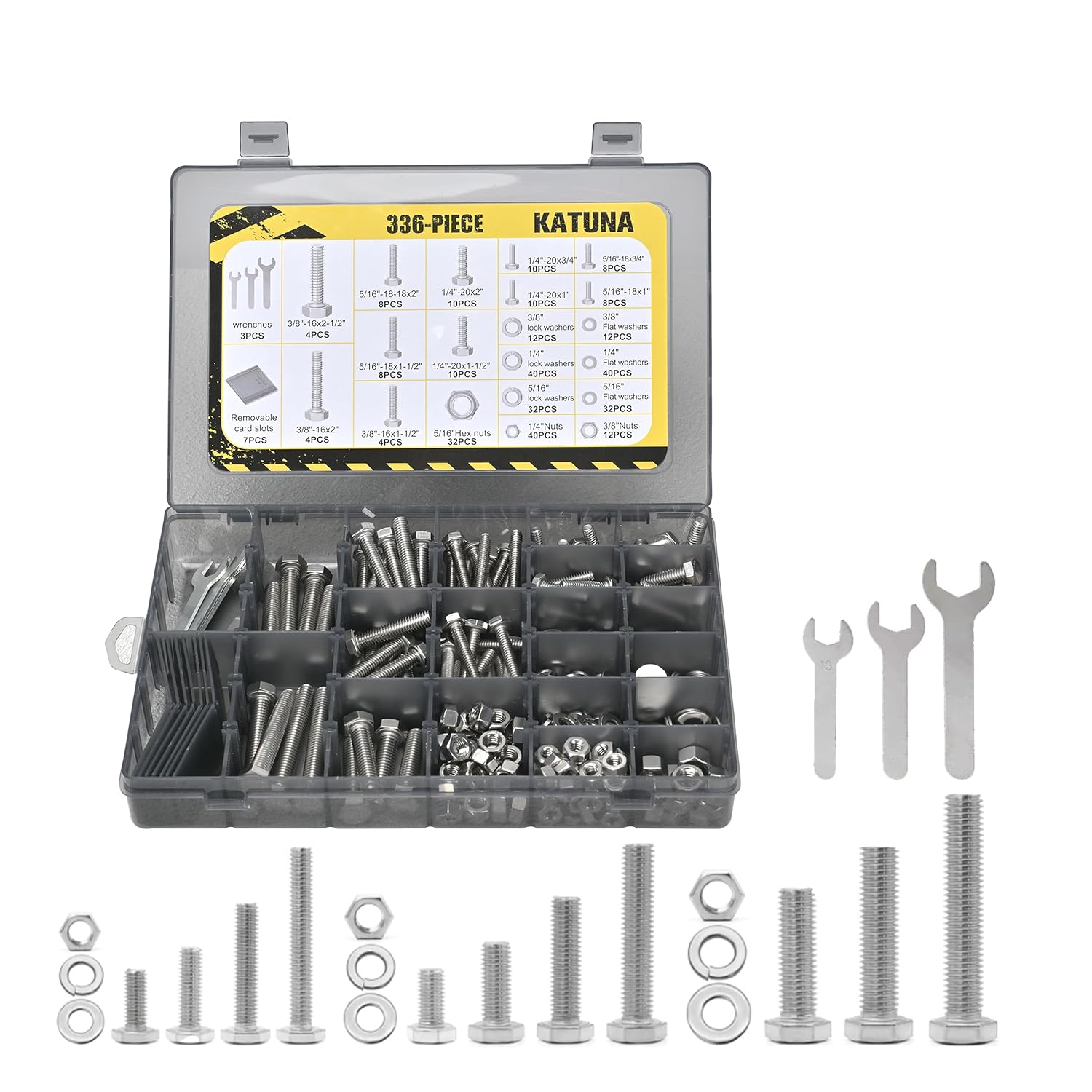 336-Piece Hex Bolt and Nut Assortment Kit     with Flat & Spring Lock Washers, Stainless Steel, Includes 1/4-20, 5/16-18, 3/8-16 Sizes, Organized in a Case
